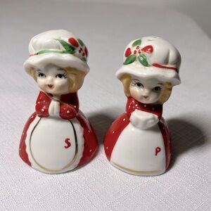 Vintage Christmas Girl Elf Pixie Gnome Salt Pepper Shakers Napco Kitschy Brinn’s